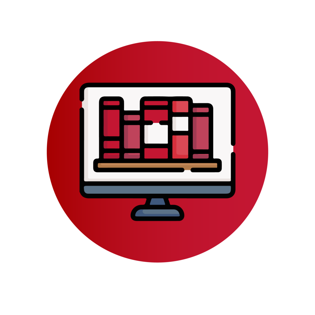 Connex academy's CPD course matrix. This image shows a cartoon computer screen on a red background, the image on screen displays a stack off books on the screen