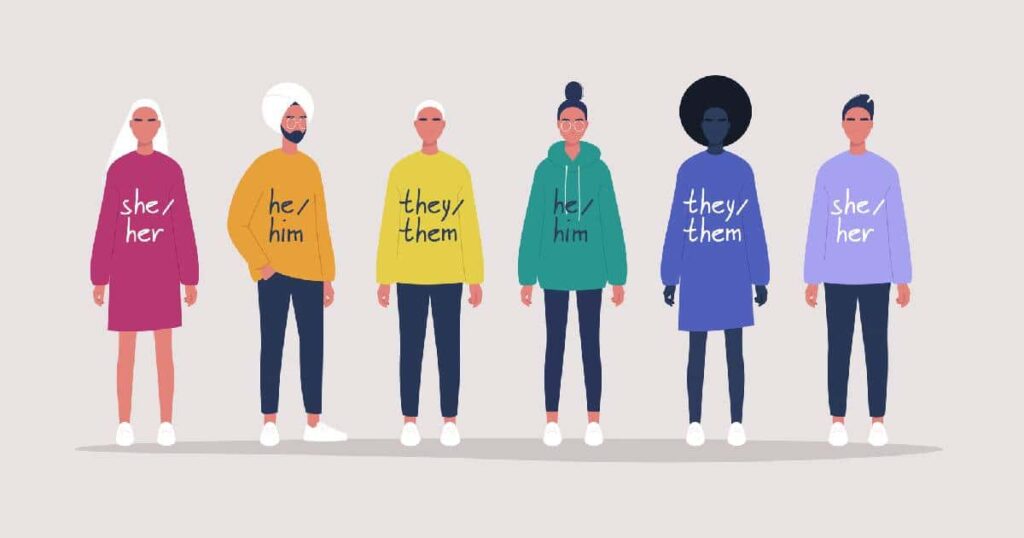 LGBT movement of young people wearing sweaters with their gender pronouns.